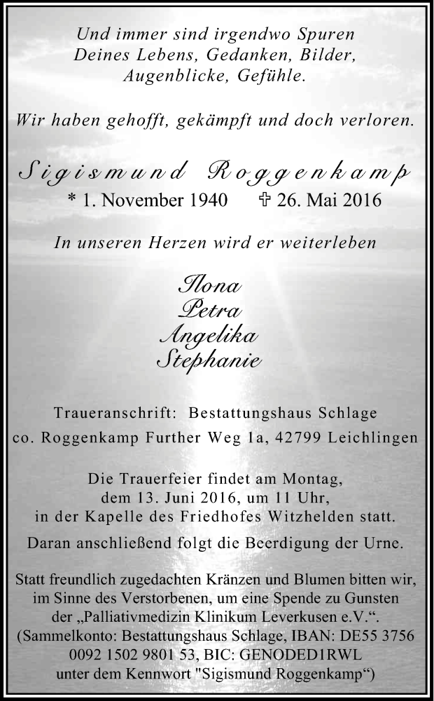  Traueranzeige für Sigismund Roggenkamp vom 04.06.2016 aus Kölner Stadt-Anzeiger / Kölnische Rundschau / Express