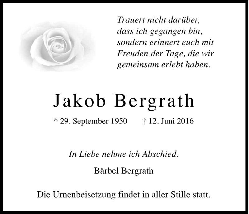  Traueranzeige für Jakob Bergrath vom 18.06.2016 aus Kölner Stadt-Anzeiger / Kölnische Rundschau / Express
