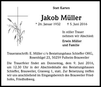 Anzeige von Jakob Müller von Kölner Stadt-Anzeiger / Kölnische Rundschau / Express