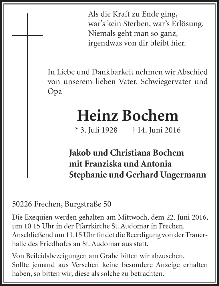  Traueranzeige für Heinz Bochem vom 18.06.2016 aus  Sonntags-Post 