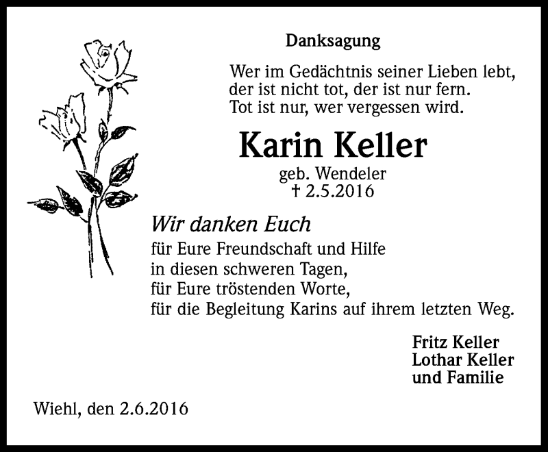  Traueranzeige für Karin Keller vom 04.06.2016 aus Kölner Stadt-Anzeiger / Kölnische Rundschau / Express