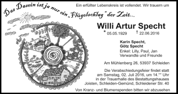 Anzeige von Willi Artur Specht von Kölner Stadt-Anzeiger / Kölnische Rundschau / Express