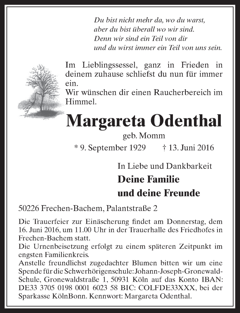  Traueranzeige für Margareta Odenthal vom 15.06.2016 aus  Wochenende 