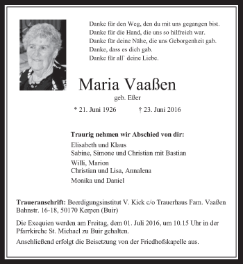 Anzeige von Maria Vaaßen von  Werbepost 