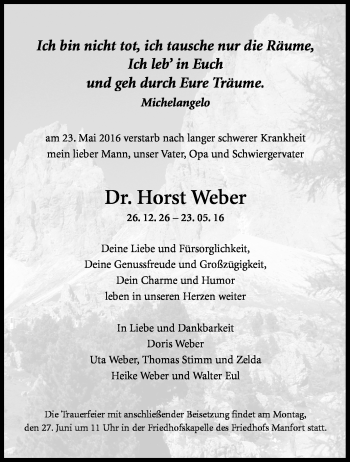 Anzeige von Horst Weber von Kölner Stadt-Anzeiger / Kölnische Rundschau / Express