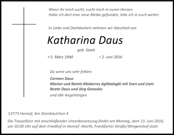 Anzeige von Katharina Daus von Kölner Stadt-Anzeiger / Kölnische Rundschau / Express