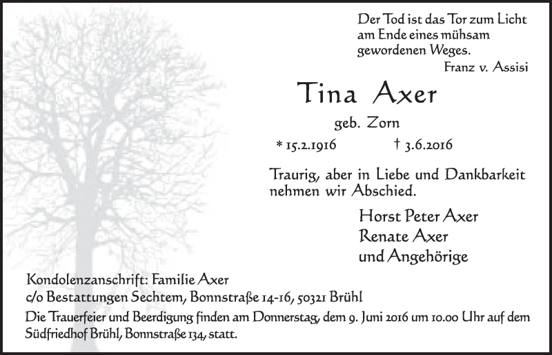  Traueranzeige für Tina  Axer vom 08.06.2016 aus  Schlossbote/Werbekurier 