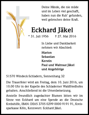 Anzeige von Eckhard Jäkel von Kölner Stadt-Anzeiger / Kölnische Rundschau / Express