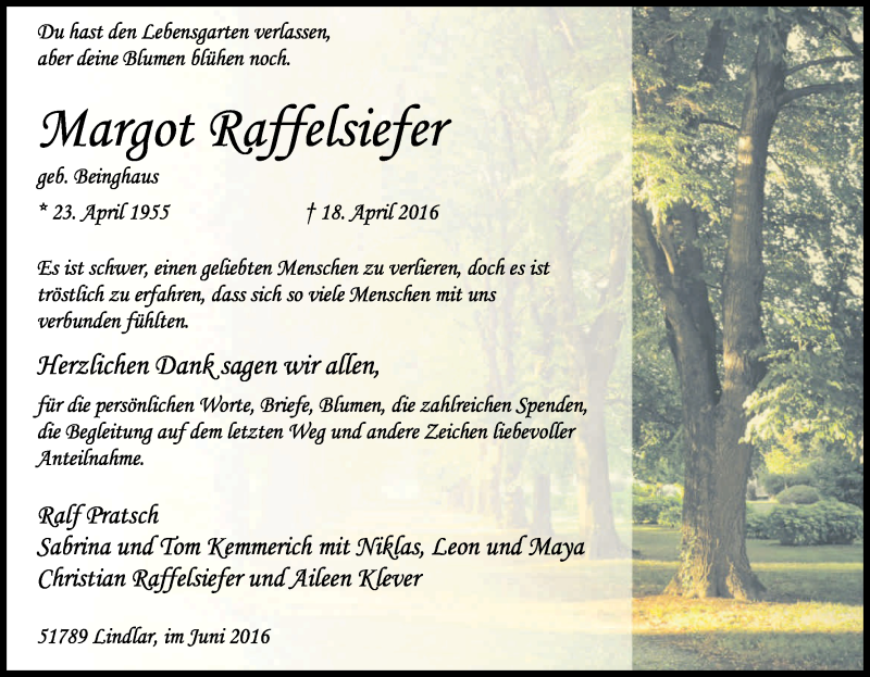  Traueranzeige für Margot Raffelsiefer vom 11.06.2016 aus Kölner Stadt-Anzeiger / Kölnische Rundschau / Express
