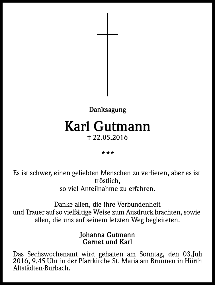  Traueranzeige für Karl Gutmann vom 01.07.2016 aus Kölner Stadt-Anzeiger / Kölnische Rundschau / Express