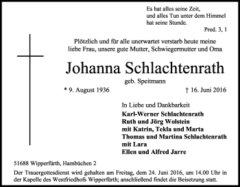 Anzeige von Johanna Schlachtenrath von Kölner Stadt-Anzeiger / Kölnische Rundschau / Express