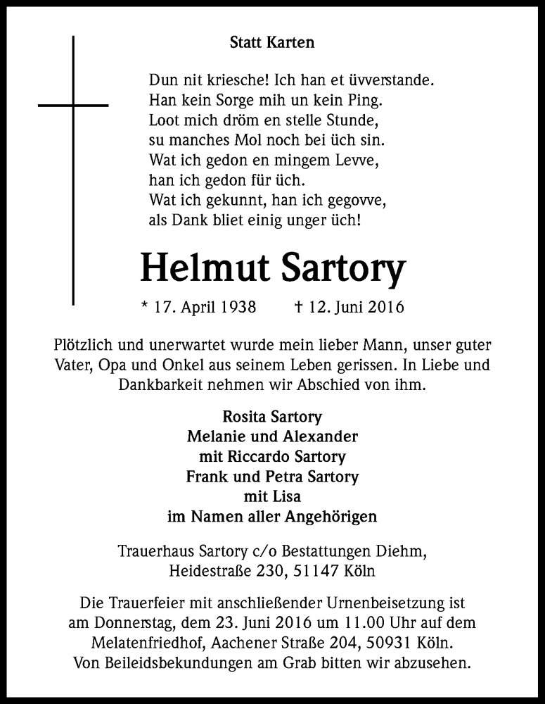  Traueranzeige für Helmut Sartory vom 18.06.2016 aus Kölner Stadt-Anzeiger / Kölnische Rundschau / Express
