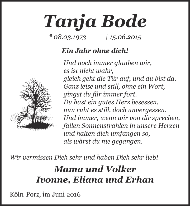  Traueranzeige für Tanja Bode vom 15.06.2016 aus  Kölner Wochenspiegel 