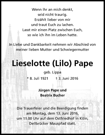 Anzeige von Lieselotte Pape von Kölner Stadt-Anzeiger / Kölnische Rundschau / Express