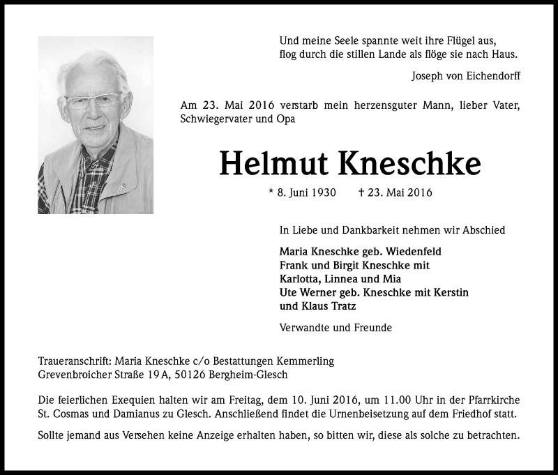  Traueranzeige für Helmut Kneschke vom 04.06.2016 aus Kölner Stadt-Anzeiger / Kölnische Rundschau / Express