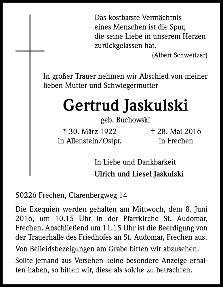  Traueranzeige für Gertrud Jaskulski vom 04.06.2016 aus Kölner Stadt-Anzeiger / Kölnische Rundschau / Express