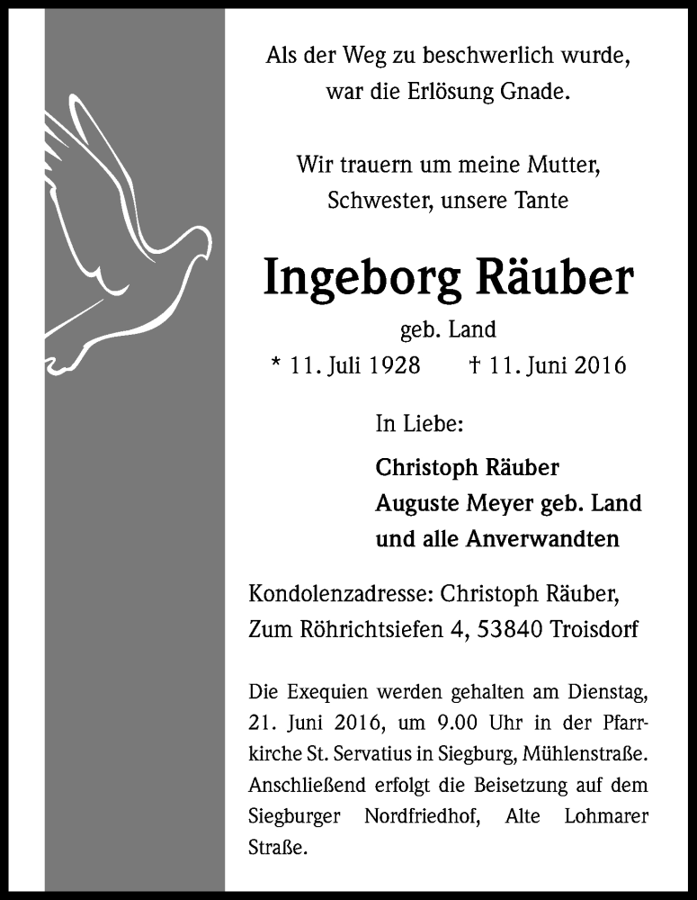  Traueranzeige für Ingeborg Räuber vom 16.06.2016 aus Kölner Stadt-Anzeiger / Kölnische Rundschau / Express