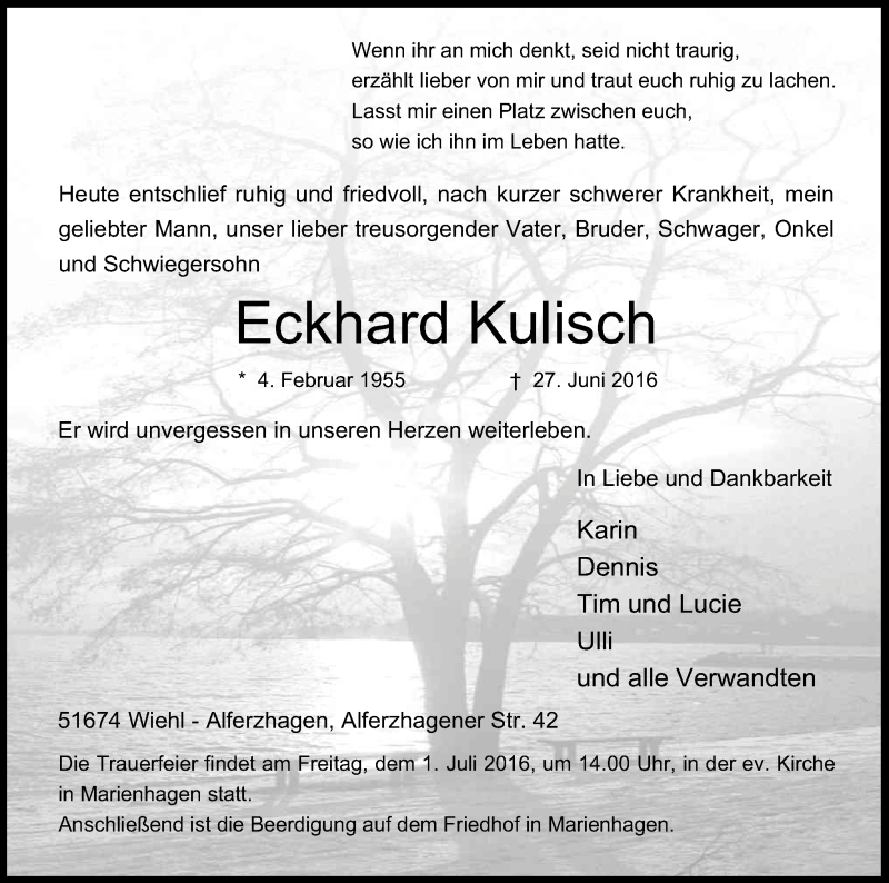  Traueranzeige für Eckhard Kulisch vom 30.06.2016 aus Kölner Stadt-Anzeiger / Kölnische Rundschau / Express