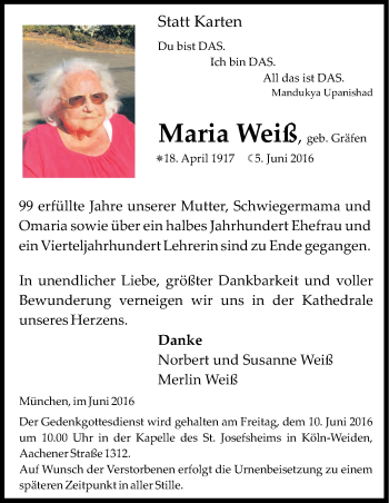 Anzeige von Maria Weiß von Kölner Stadt-Anzeiger / Kölnische Rundschau / Express