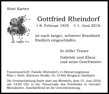 Anzeige von Gottfried Rheindorf von Kölner Stadt-Anzeiger / Kölnische Rundschau / Express