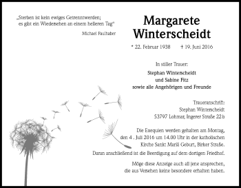 Anzeige von Margarete Winterscheidt von Kölner Stadt-Anzeiger / Kölnische Rundschau / Express