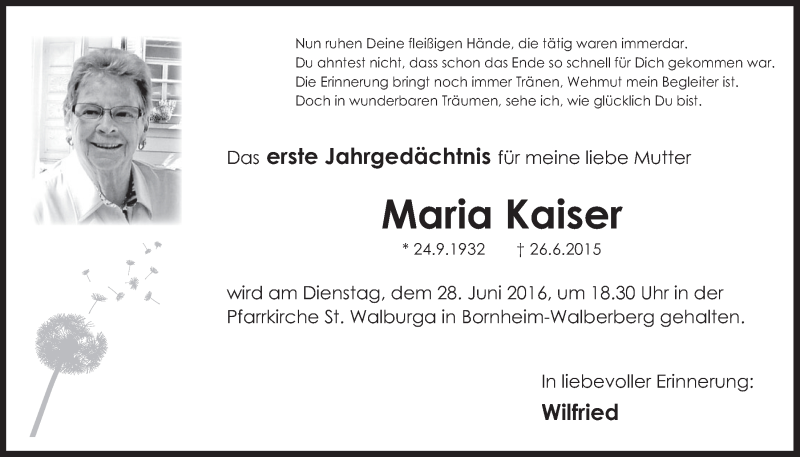  Traueranzeige für Maria Kaiser vom 22.06.2016 aus  Schlossbote/Werbekurier 