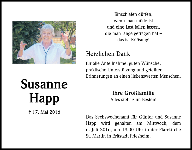  Traueranzeige für Susanne Happ vom 22.06.2016 aus Kölner Stadt-Anzeiger / Kölnische Rundschau / Express