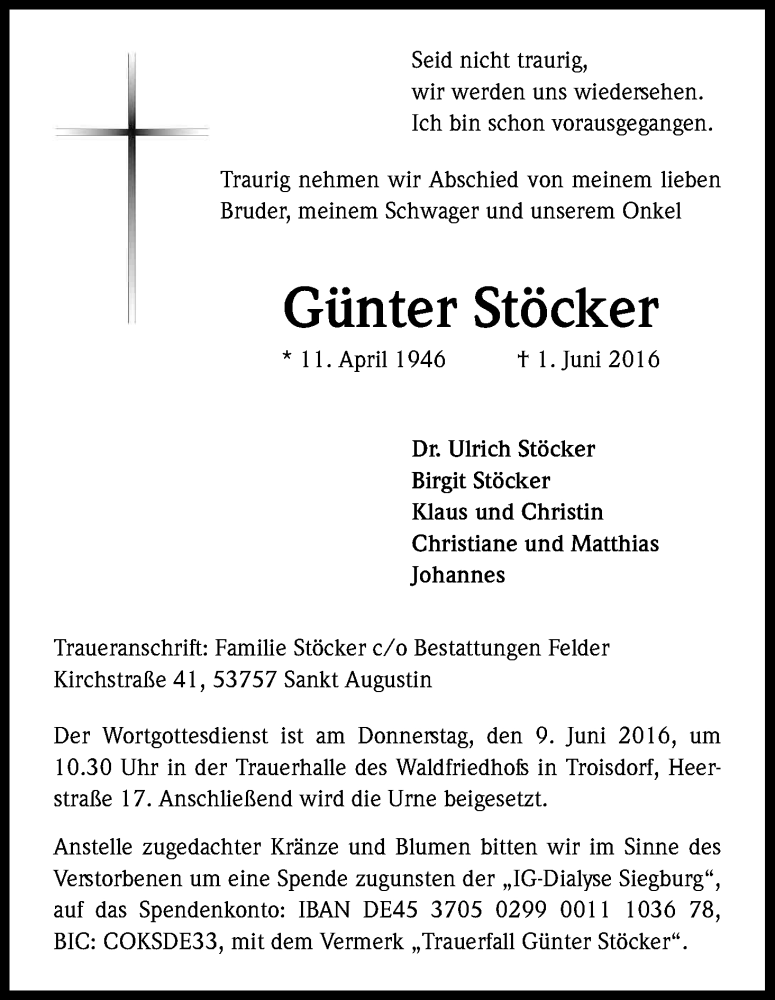  Traueranzeige für Günter Stöcker vom 04.06.2016 aus Kölner Stadt-Anzeiger / Kölnische Rundschau / Express