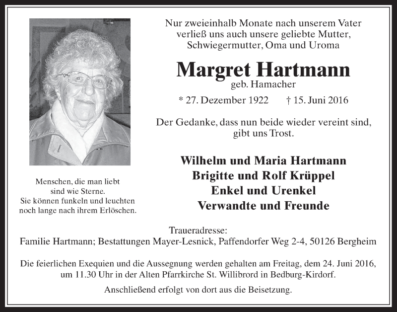  Traueranzeige für Margret Hartmann vom 22.06.2016 aus  Werbepost 