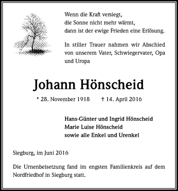 Anzeige von Johann Hönscheid von Kölner Stadt-Anzeiger / Kölnische Rundschau / Express