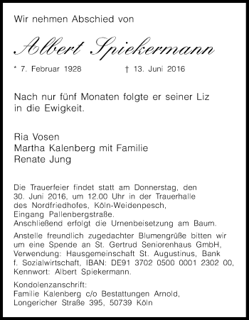 Anzeige von Albert Spiekermann von Kölner Stadt-Anzeiger / Kölnische Rundschau / Express