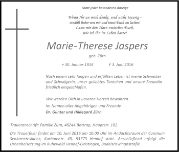 Anzeige von Marie-Therese Jaspers von Kölner Stadt-Anzeiger / Kölnische Rundschau / Express