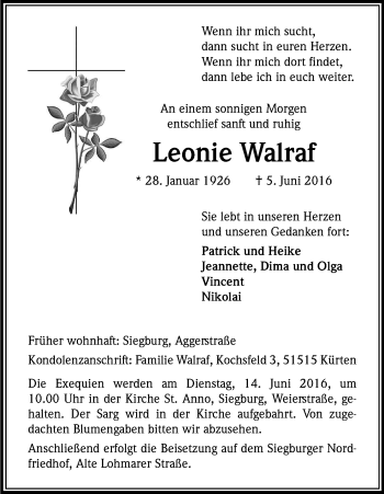 Anzeige von Leonie Walraf von Kölner Stadt-Anzeiger / Kölnische Rundschau / Express