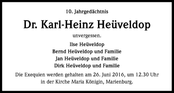 Anzeige von Karl-Heinz Heüveldop von Kölner Stadt-Anzeiger / Kölnische Rundschau / Express