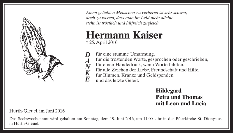  Traueranzeige für Hermann Kaiser vom 15.06.2016 aus  Wochenende 