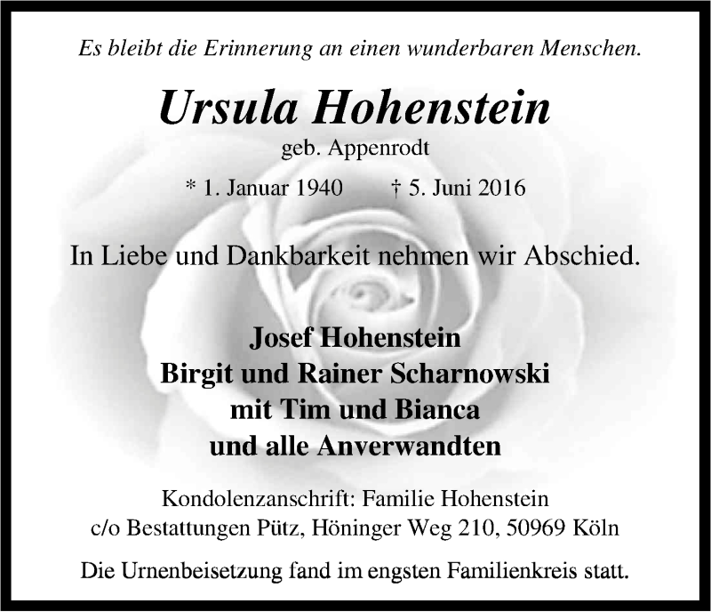  Traueranzeige für Ursula Hohenstein vom 18.06.2016 aus Kölner Stadt-Anzeiger / Kölnische Rundschau / Express