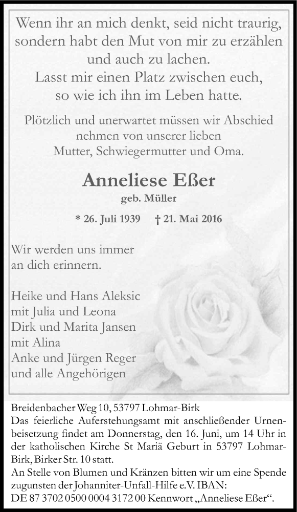  Traueranzeige für Anneliese Eßer vom 11.06.2016 aus Kölner Stadt-Anzeiger / Kölnische Rundschau / Express