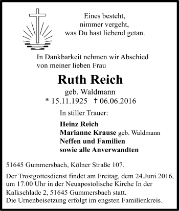 Anzeige von Ruth Reich von Kölner Stadt-Anzeiger / Kölnische Rundschau / Express