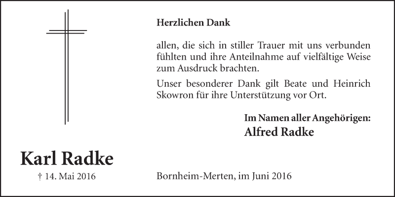  Traueranzeige für Karl Radke vom 29.06.2016 aus  Schlossbote/Werbekurier 