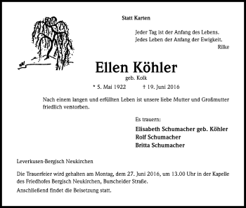 Anzeige von Elle Köhler von Kölner Stadt-Anzeiger / Kölnische Rundschau / Express