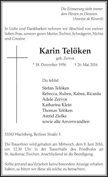 Anzeige von Karin Telöken von  Sonntags-Post 