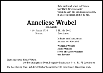 Anzeige von Anneliese Wrubel von Kölner Stadt-Anzeiger / Kölnische Rundschau / Express