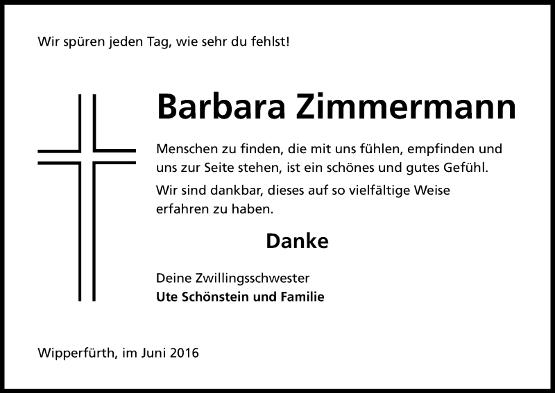  Traueranzeige für Barbara Zimmermann vom 22.06.2016 aus Kölner Stadt-Anzeiger / Kölnische Rundschau / Express
