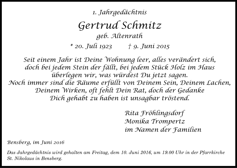  Traueranzeige für Gertrud Schmitz vom 04.06.2016 aus Kölner Stadt-Anzeiger / Kölnische Rundschau / Express