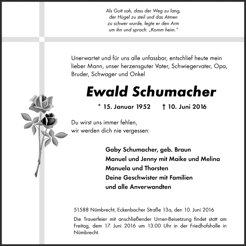  Traueranzeige für Ewald Schumacher vom 15.06.2016 aus  Lokalanzeiger 