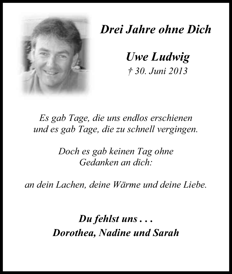  Traueranzeige für Uwe Ludwig vom 30.06.2016 aus Kölner Stadt-Anzeiger / Kölnische Rundschau / Express