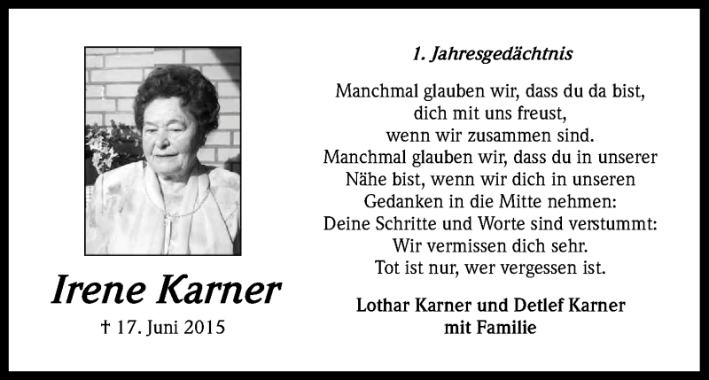  Traueranzeige für Irene Karner vom 18.06.2016 aus Kölner Stadt-Anzeiger / Kölnische Rundschau / Express