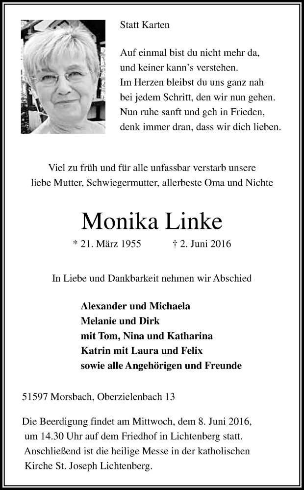  Traueranzeige für Monika Linke vom 04.06.2016 aus Kölner Stadt-Anzeiger / Kölnische Rundschau / Express