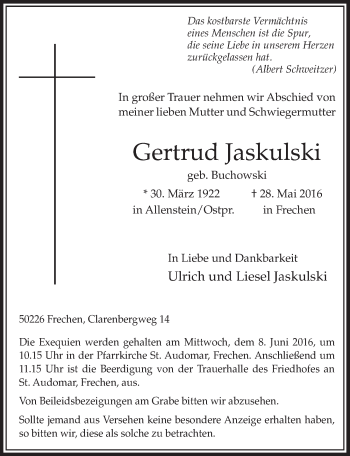 Anzeige von Gertrud Jaskulski von  Sonntags-Post 