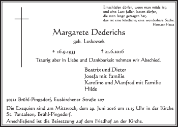Anzeige von Margarete Dederichs von  Schlossbote/Werbekurier 